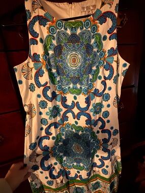 London Style White Tank Top with Blue and Green Floral Medallion Print